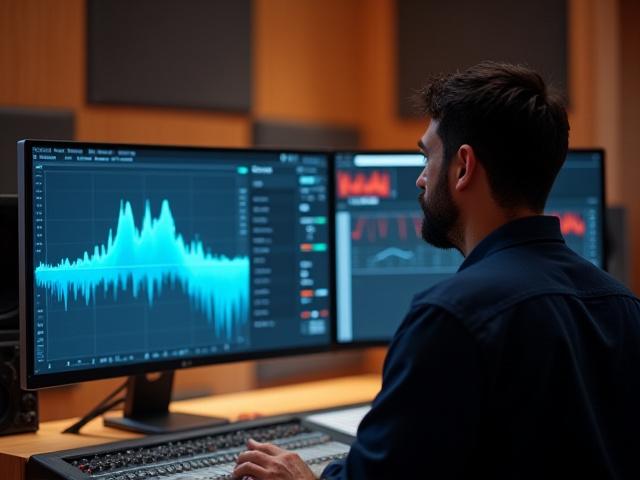 Ingénieur du son analysant un graphique de réponse acoustique dans un studio